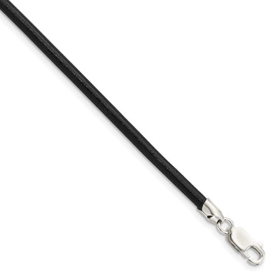 Sterling Silver Black Leather Necklace, 18 x 3mm