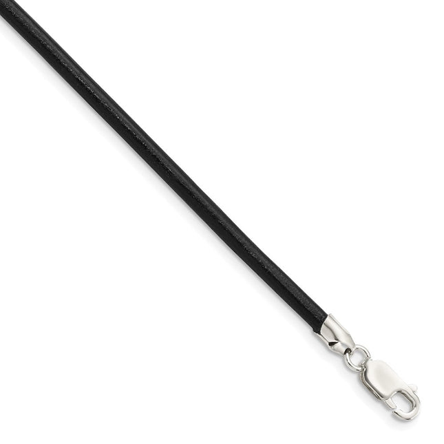 Sterling Silver Black Leather Necklace, 18 x 3mm