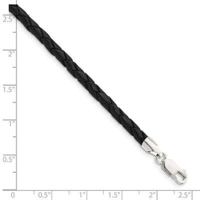 Sterling Silver Black Leather Braided Necklace, 16 x 4mm