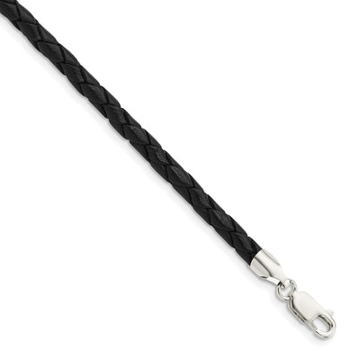 Sterling Silver Black Leather Braided Necklace, 16 x 4mm