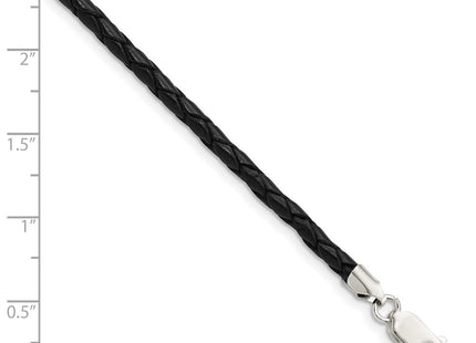Sterling Silver Black Leather Braided Necklace (Style QK90-16)