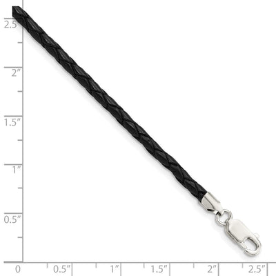 Sterling Silver Black Leather Braided Necklace, 16 x 3mm