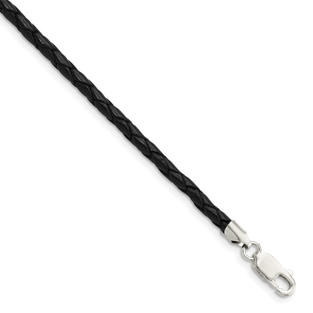 Sterling Silver Black Leather Braided Necklace, 16 x 3mm
