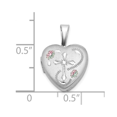 Sterling Silver Rhodium-plated D/C Enameled Floral Cross Heart Locket