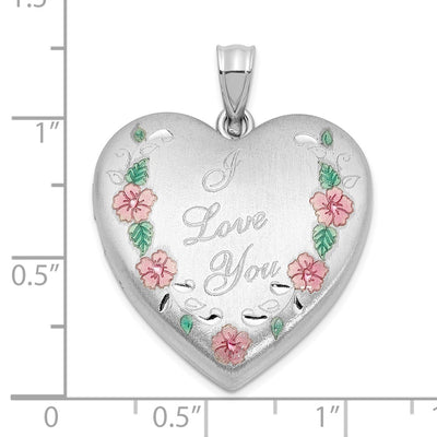 Sterling Silver Rh-plated Satin Epoxy I Love You Floral Heart Locket