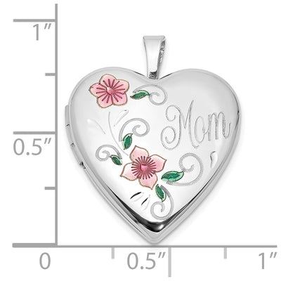 Sterling Silver Rhodium-plated Epoxy Floral Mom Heart Locket