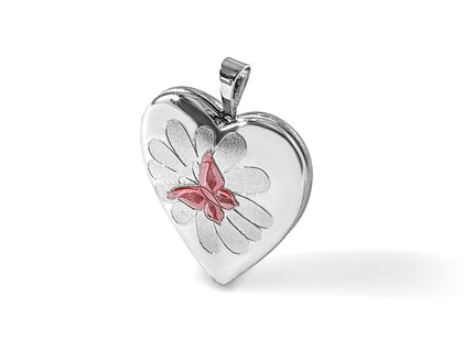 Sterling Silver RH-plate Polished/Satin Epoxy Butterfly Heart Locket