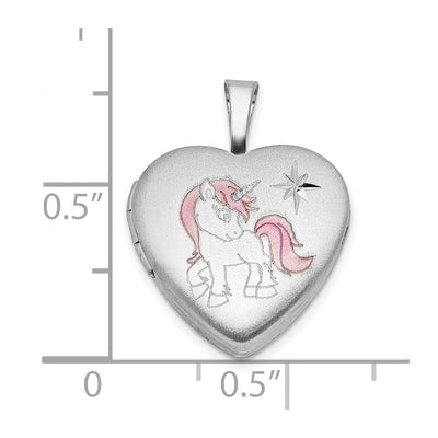 Sterling Silver RH-plated Epoxy Satin Polished Unicorn Heart Locket