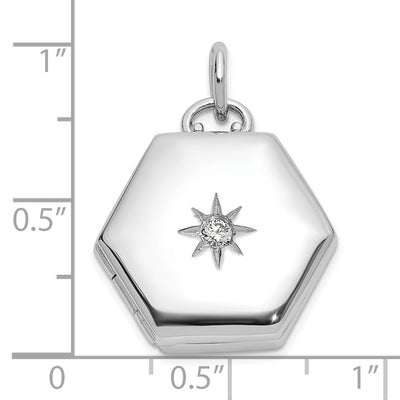 Sterling Silver Rhodium-plated Polished CZ Star Hexagon Locket