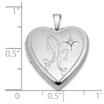Sterling Silver Rhodium-plated Brushed 1/20 carat Diamond Two Dolphins Heart Locket