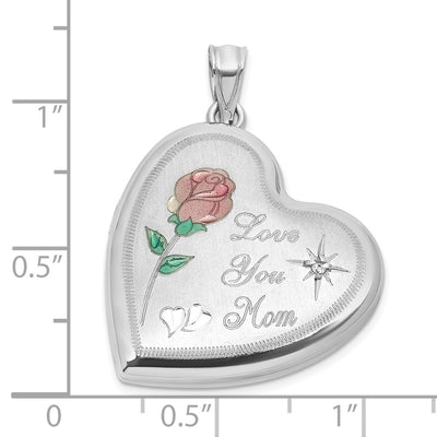 Sterling Silver Rhodium-plated Brushed 1/20 carat Diamond Pink and Green Enameled Rose LOVE YOU MOM Heart Locket