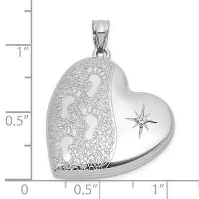 Sterling Silver Rhodium-plated Brushed And Polished 1/20 carat Diamond Foot Prints Heart Locket