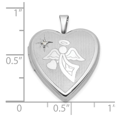 Sterling Silver Rhodium-plated Brushed And Polished 1/20 carat Diamond And Angel Heart Locket