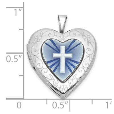 Sterling Silver Rhodium-plated Polished Front/Brushed Back Blue Cross Resin Cameo Heart Locket