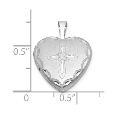 Sterling Silver Rhodium-plated Brushed Diamond-cut Fancy Engraved Cross Heart Locket