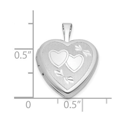 Sterling Silver Rhodium-plated Polished Front/Brushed Back Diamond-cut Twin Hearts Heart Locket
