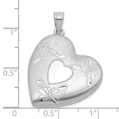 Sterling Silver Rhodium-plated Brushed Diamond-cut Butterflies Heart Locket