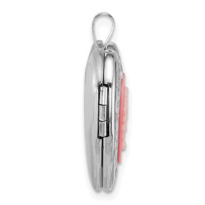 Sterling Silver Rhodium-plated Polished Front/Brushed Back Pink Flowers Resin Cameo Heart Locket