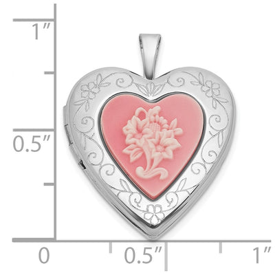 Sterling Silver Rhodium-plated Polished Front/Brushed Back Pink Flowers Resin Cameo Heart Locket