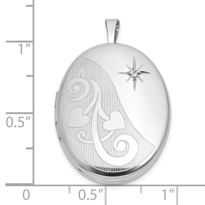 Sterling Silver Rhodium-plated Polished Front/Brushed Back 1/20 carat Diamond Hearts Swirl Design Oval Locket
