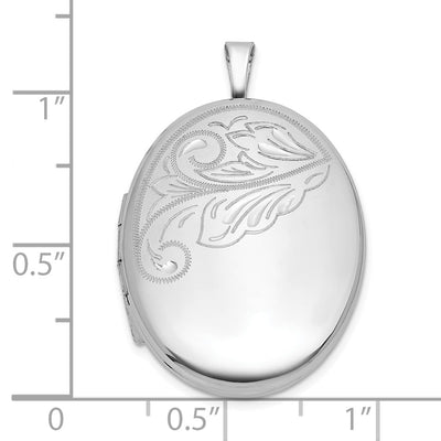 Sterling Silver Rhodium-plated Polished Front/Brushed Back Diamond-cut Floral Design Oval Locket