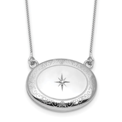 Sterling Silver Rhodium-plated Polished Front/Brushed Back 1/. Diamond Floral with ext. Oval Locket Necklace