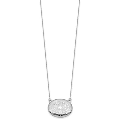 Sterling Silver Rhodium-plated Polished Front/Brushed Back with extension Oval Filigree Locket Necklace