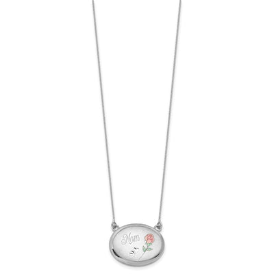 Sterling Silver Rhodium-plated Brushed/Polished Pink and Green Epoxy MOM Rose with ext. Oval Locket Necklace