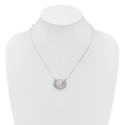 Sterling Silver Rhodium-plated Brushed/Polished Pink and Green Epoxy MOM Rose with ext. Oval Locket Necklace