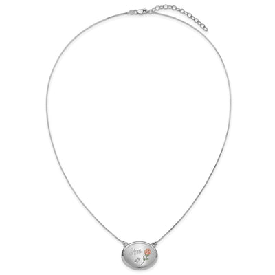 Sterling Silver Rhodium-plated Brushed/Polished Pink and Green Epoxy MOM Rose with ext. Oval Locket Necklace