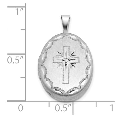 Sterling Silver Rhodium-plated Brushed 1/20 carat Diamond Engraved Cross Oval Locket