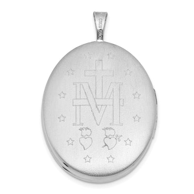 Sterling Silver Rhodium-plated Polished Front/Brushed Back Miraculous Medal Oval Locket
