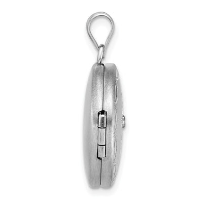 Sterling Silver Rhodium-plated Brushed Diamond-cut with 1/20 carat Diamond Cross Round Locket
