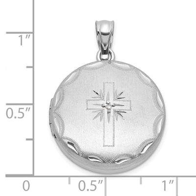 Sterling Silver Rhodium-plated Brushed Diamond-cut with 1/20 carat Diamond Cross Round Locket
