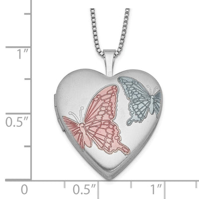 Sterling Silver RH-plated Enamel Butterflies Heart Locket Necklace