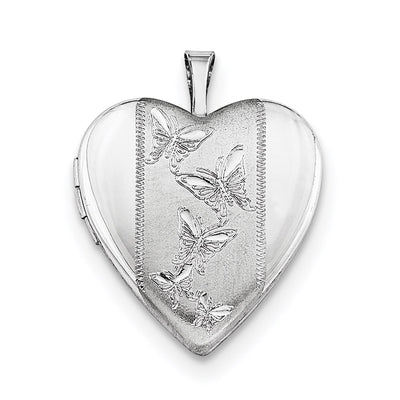 Sterling Silver Rhodium-plated Butterflies Heart Locket Necklace