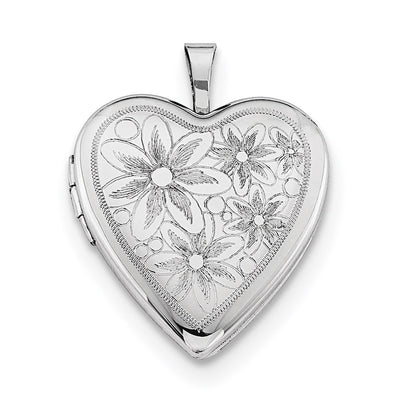 Sterling Silver Rhodium-plated with Daisies Heart Locket Necklace
