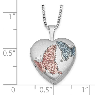 Sterling Silver RH-plated Satin Enamel Butterfly Heart Locket Necklace
