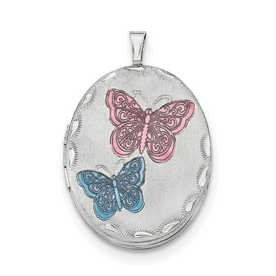 Sterling Silver RH-plated Enameled Butterfly Oval Locket Necklace