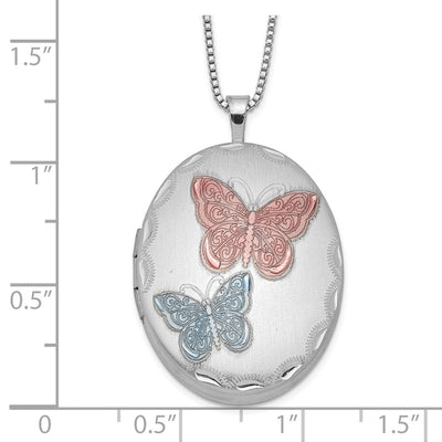 Sterling Silver RH-plated Enameled Butterfly Oval Locket Necklace
