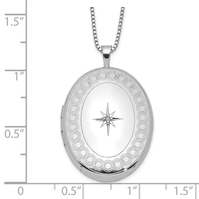 Sterling Silver Rhod-plated Circle Border Diamond Oval Locket Necklace