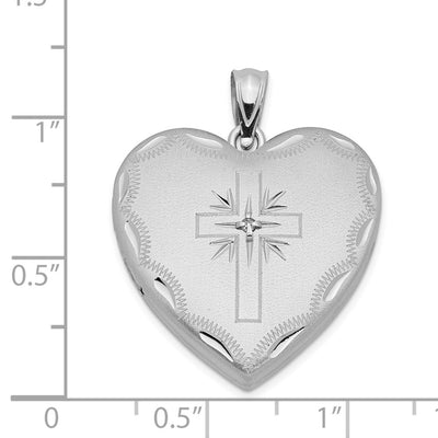 Sterling Silver RH-plated Satin & D/C w/ Diamond Cross Heart Locket