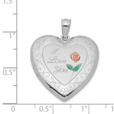 Sterling Silver Rhodium-plated Enameled Rose with Border Heart Locket