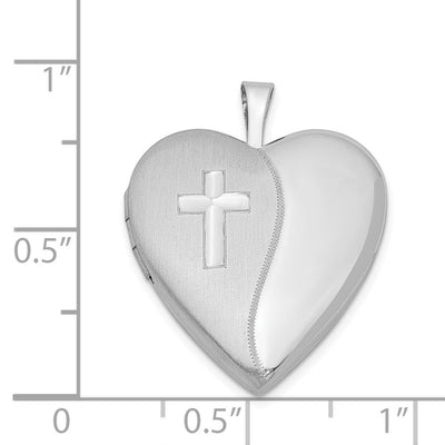 Sterling Silver Rhodium-plated Satin/Polished Cross Heart Locket
