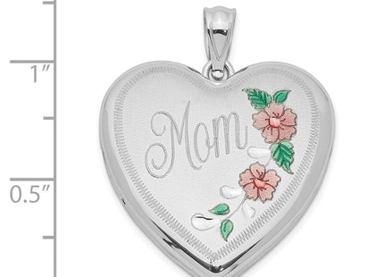 Sterling Silver Rhodium-plated Enameled Floral Mom Heart Locket (Style QLS328)