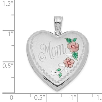 Sterling Silver Rhodium-plated Enameled Floral Mom Heart Locket, 30.25 x 24mm