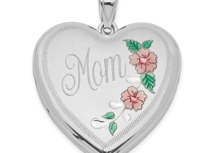 Sterling Silver Rhodium-plated Enameled Floral Mom Heart Locket (Style QLS328)