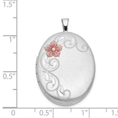 Sterling Silver Rhod-plated Satin Enameled Flower Scroll Oval Locket