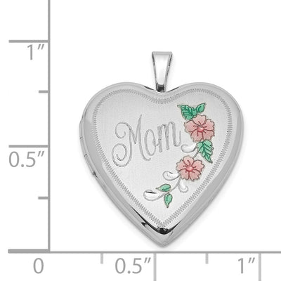 Sterling Silver Rhodium-plated Enameled Floral Mom Heart Locket, 25.25 x 19.55mm