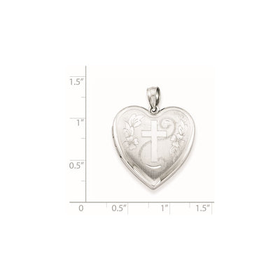 Sterling Silver Rhodium-plated D/C Cross Heart Locket